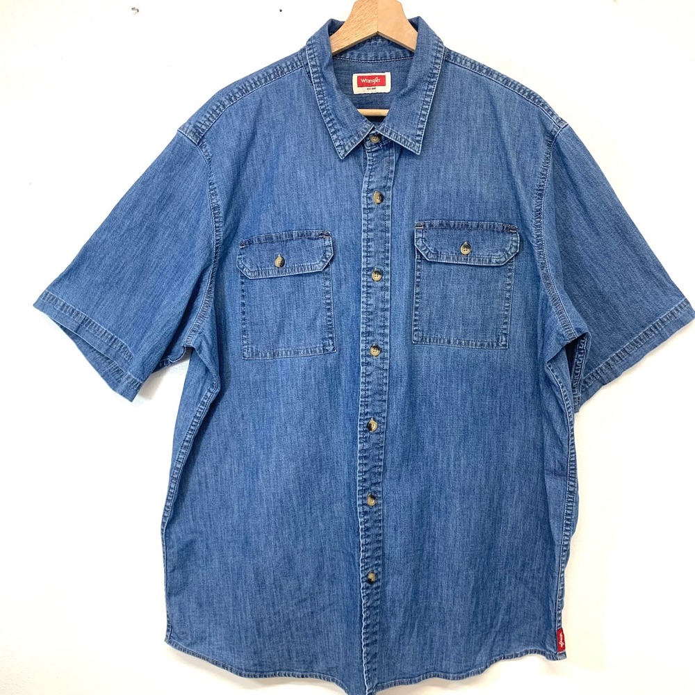 Wrangler Mens Denim Button Down Shirt Blue‎ Short Sleeve Casual Western Cotton